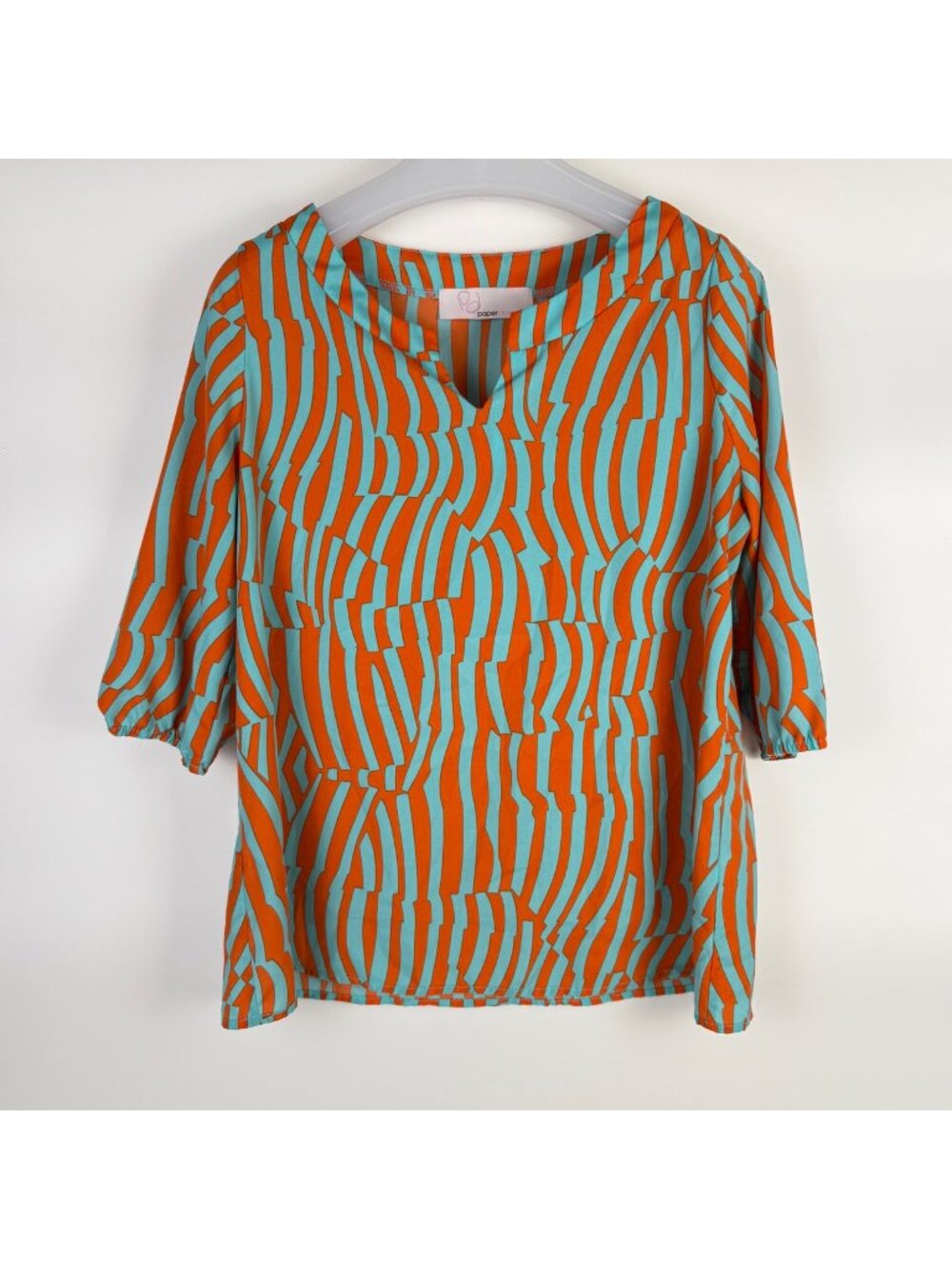 Women's Paper Dolls 3/4 Sleeve Crepe Blouse Top Blue/Orange Zebra Print V-Neck S